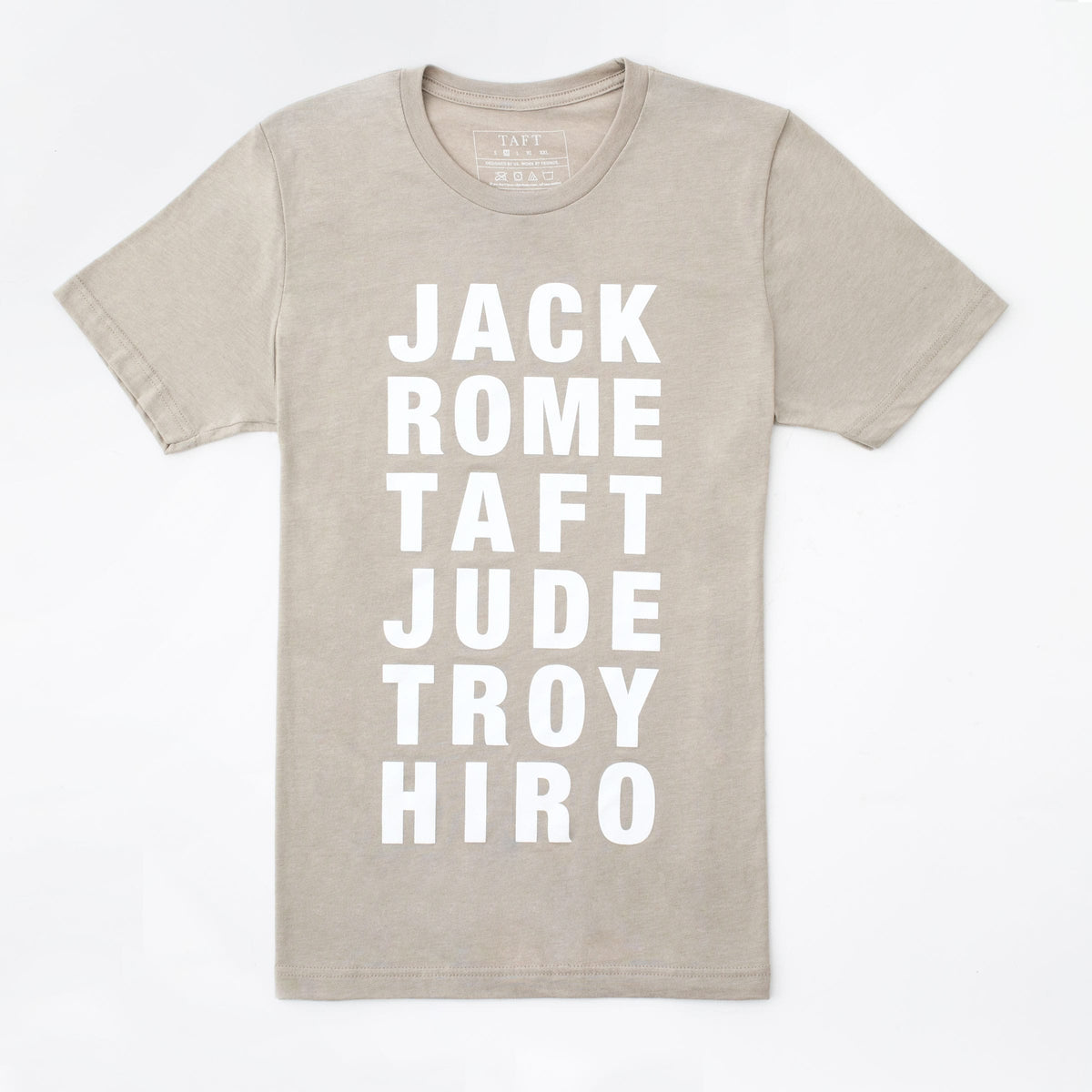 Icon T-shirt in Wheat that says "JACK ROME TAFT JUDE TROY HIRO" in white block letters