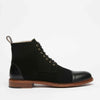 Black lace-up leather boot with a brown sole and a pull tab at the back.