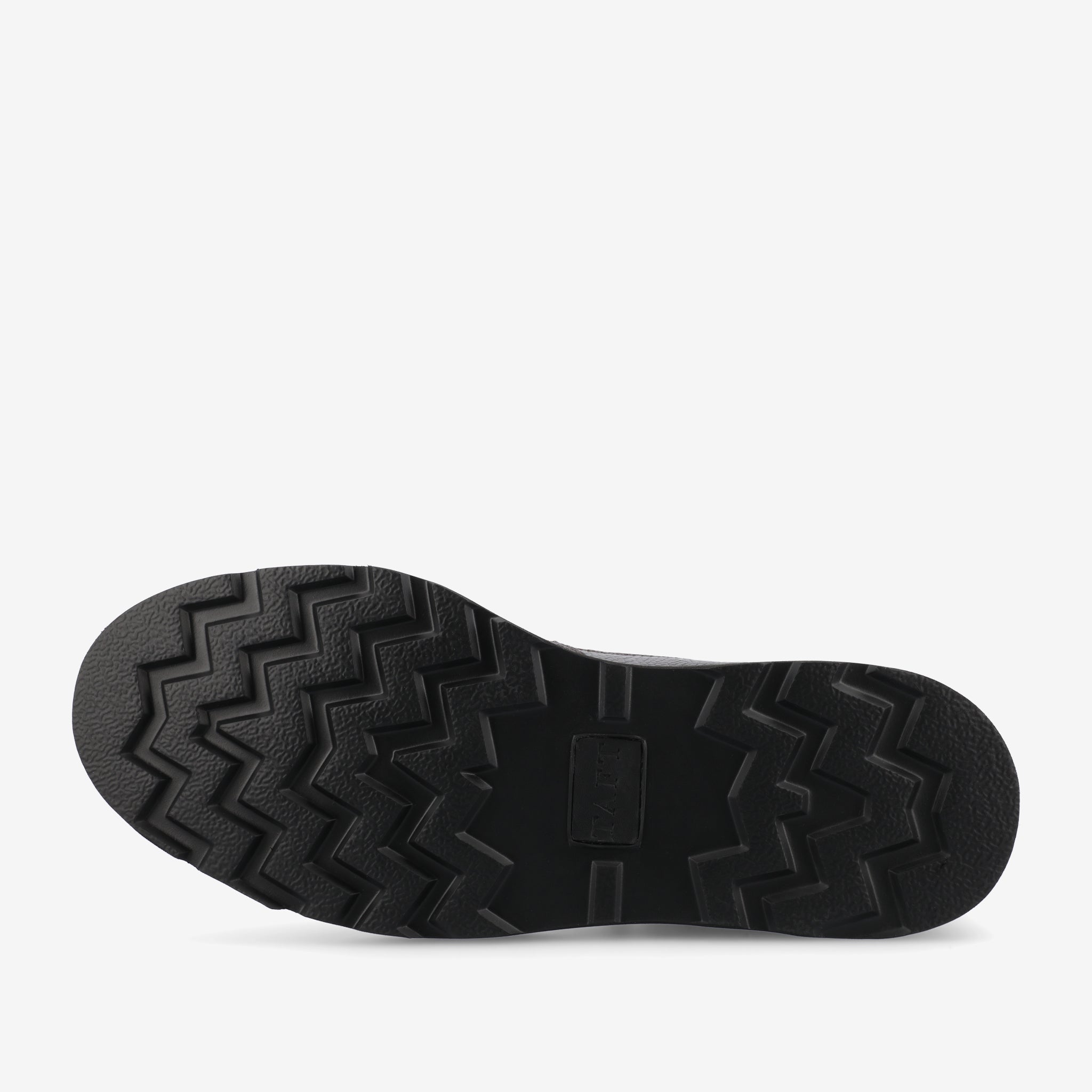 The image shows the bottom view of a black shoe sole with a rugged, zigzag tread pattern.