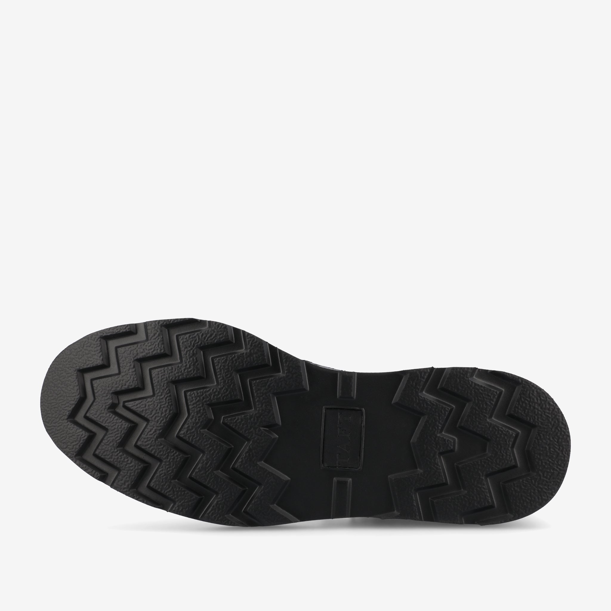 Close-up view of the black sole of a shoe with a zigzag tread pattern against a plain white background.