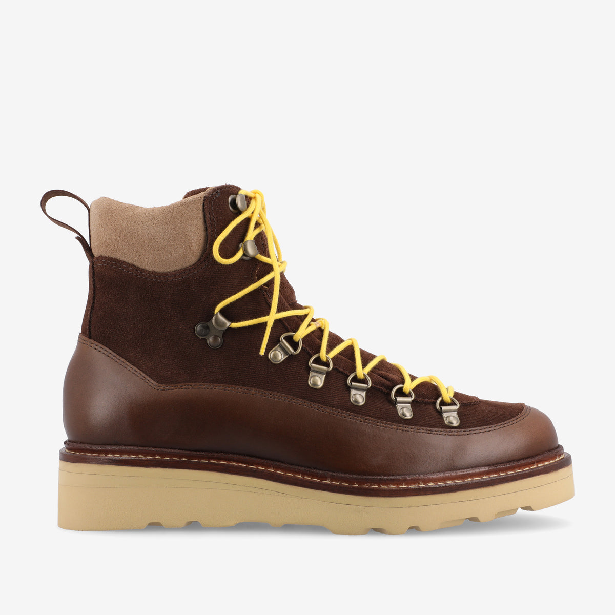 A brown leather and suede hiking boot with yellow laces, metal eyelets, and a tan rubber sole.