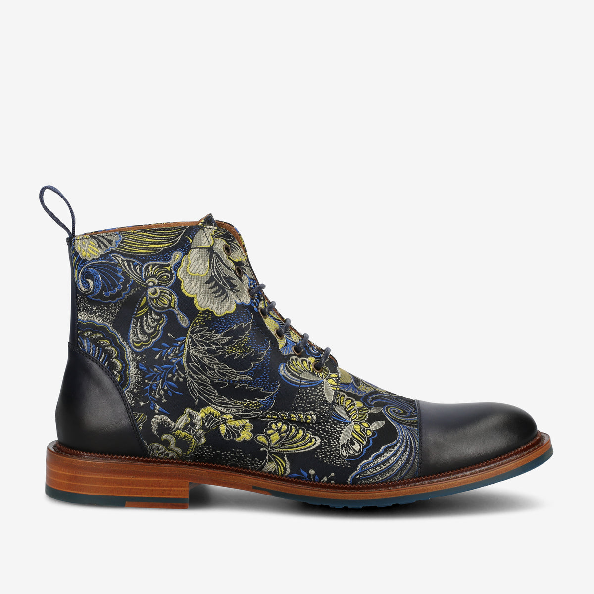 A dark leather lace-up boot with intricate floral patterns in blue, yellow, and white, featuring a wooden sole and a pull tab at the back.