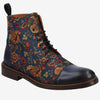 A blue floral-patterned ankle boot with a dark blue toe cap, brown laces, and a brown sole.