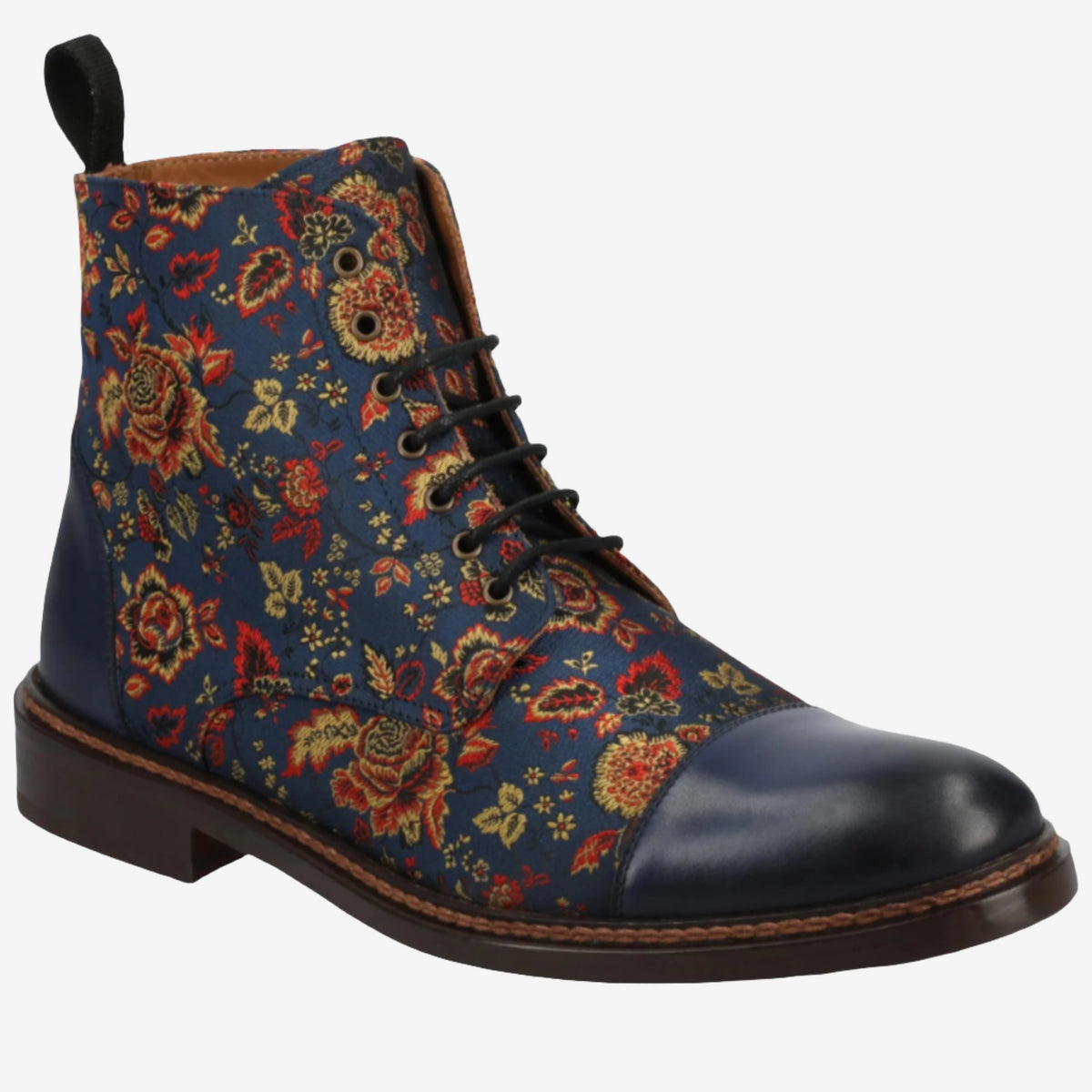 A blue floral-patterned ankle boot with a dark blue toe cap, brown laces, and a brown sole.