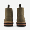 Back view of two olive green ankle boots with thick, layered soles on a white background.