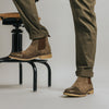 A person wearing light brown suede Chelsea boots with rolled-up khaki pants, standing near a backless swivel stool with black metal legs and a wooden seat.