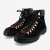 Pair of black velvet hiking boots with red accents, gold hardware, black laces, padded ankle collar, and lug soles.