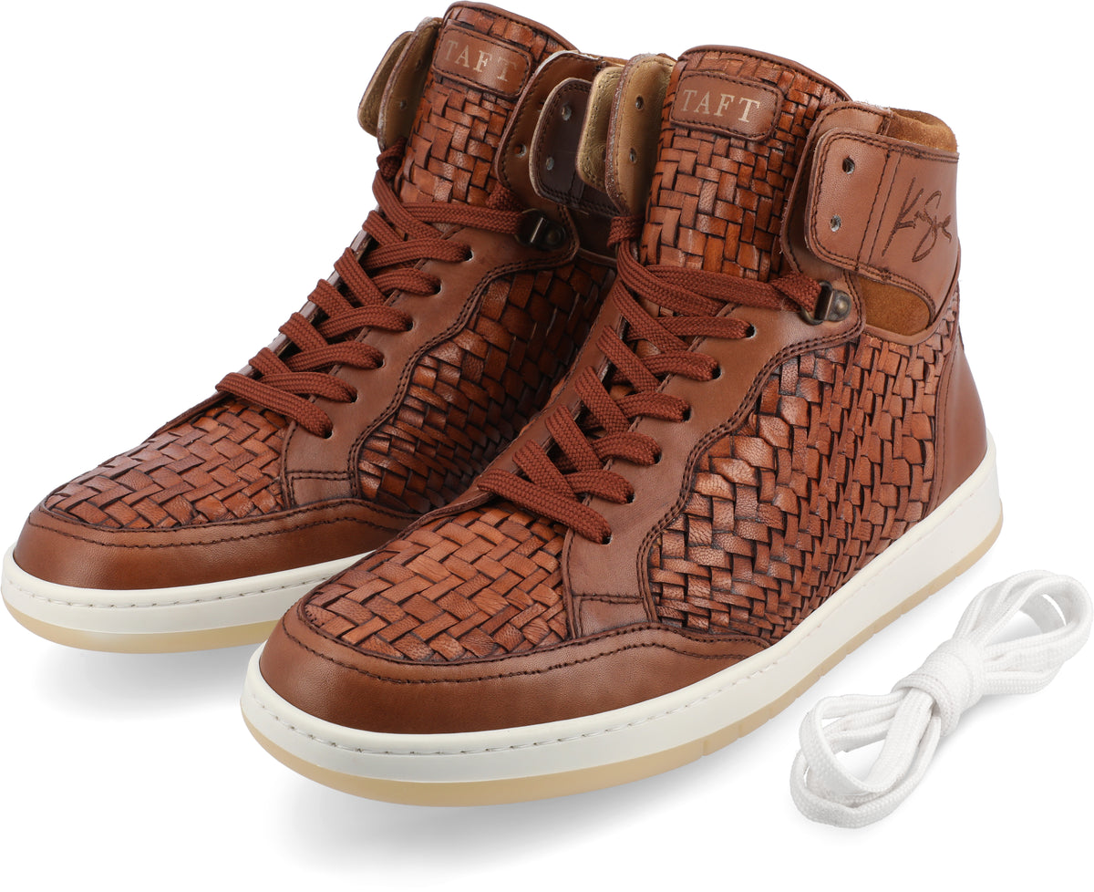 Brown woven leather high-top sneakers with white soles, accompanied by an extra pair of white laces.