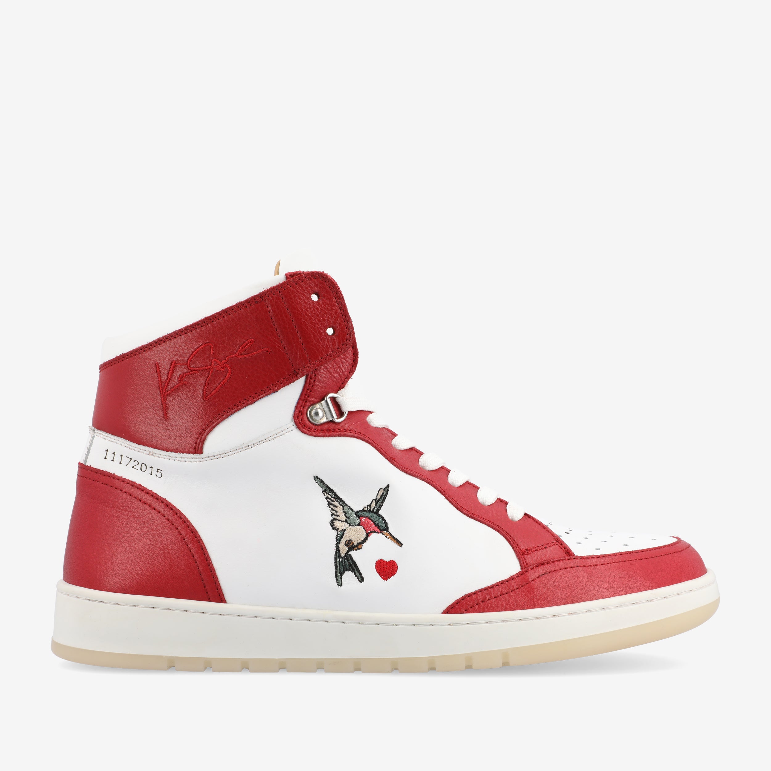 Red and white high top sneakers on sale