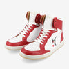 A pair of red and white high-top sneakers with white laces and a graphic of a bird holding a heart on the outer side. The brand name TAFT and a signature are printed on the tongue and side.