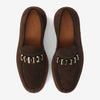 Top view of a pair of brown suede loafers with a decorative chain across the instep and TAFT embossed on the insole.