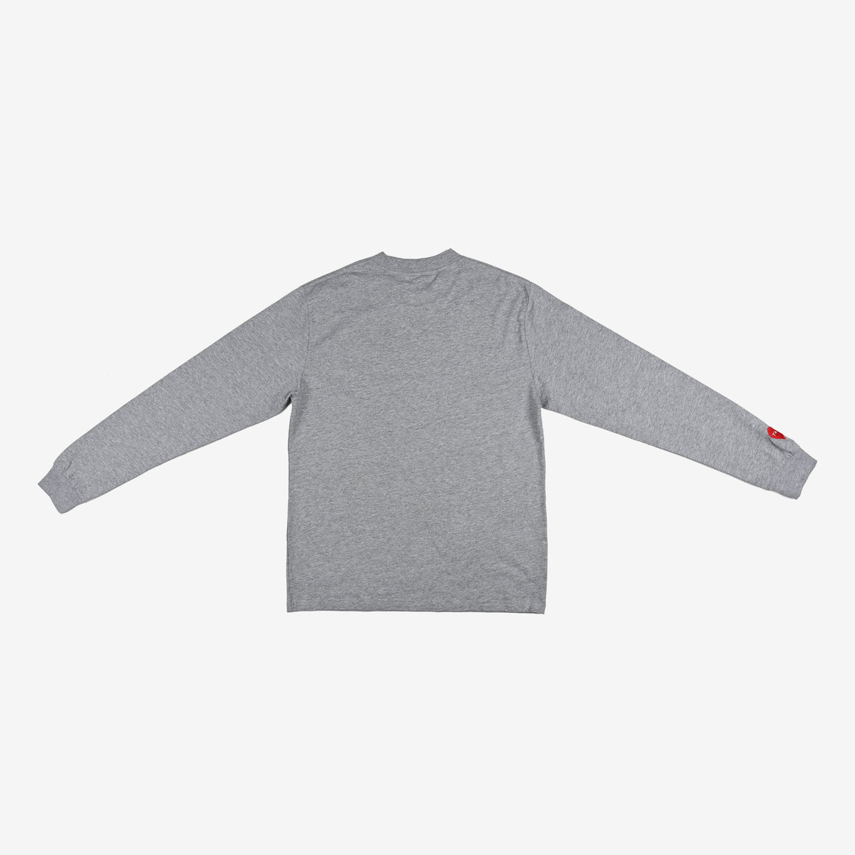 Gray long-sleeve shirt laid flat, back view, with a small red tag on the right sleeve.