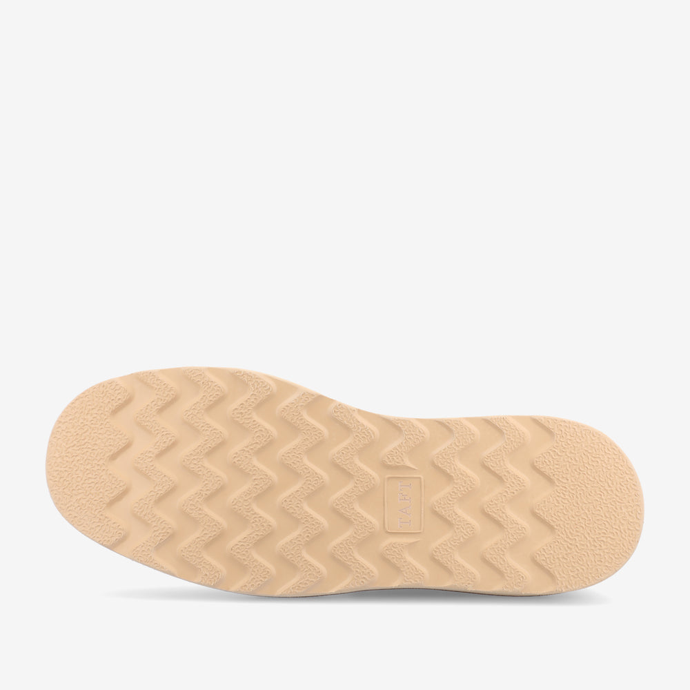 The image shows the beige rubber sole of a shoe, featuring a zigzag tread pattern and a rectangular brand label in the center.