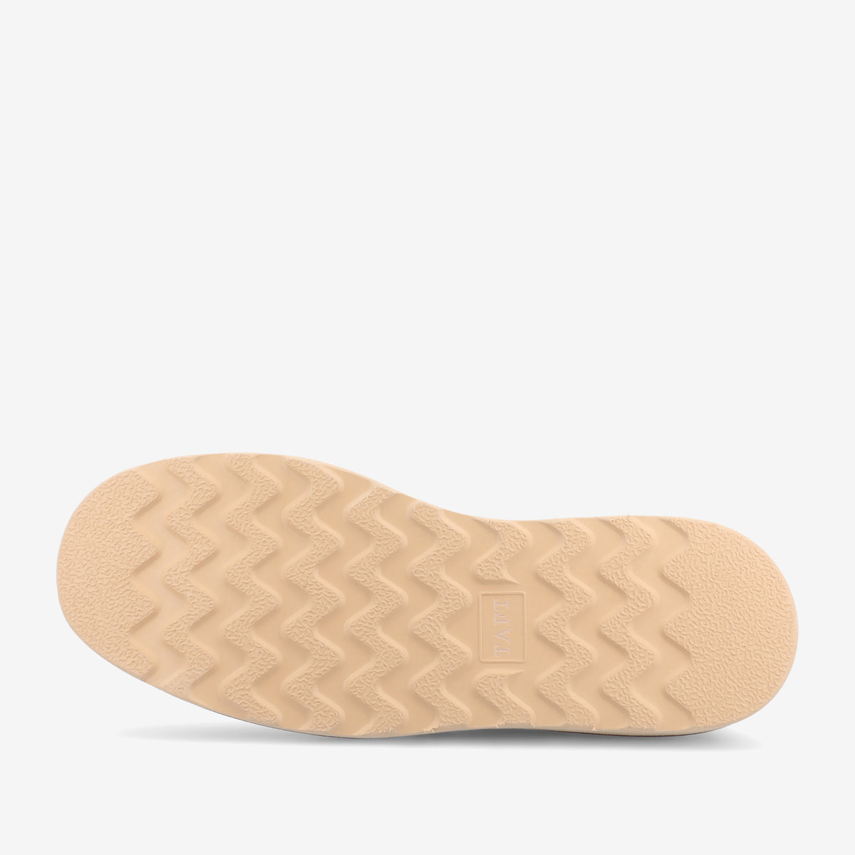 The image shows the beige sole of a shoe, featuring a zigzag tread pattern and a visible brand name in the center.