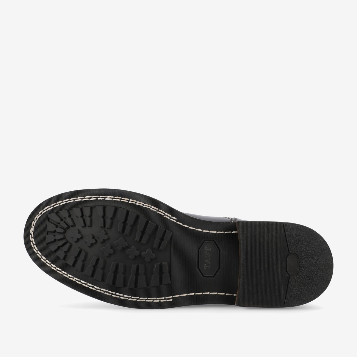 The image shows the bottom view of a black shoe with a thick, textured sole featuring white stitching around the edges.