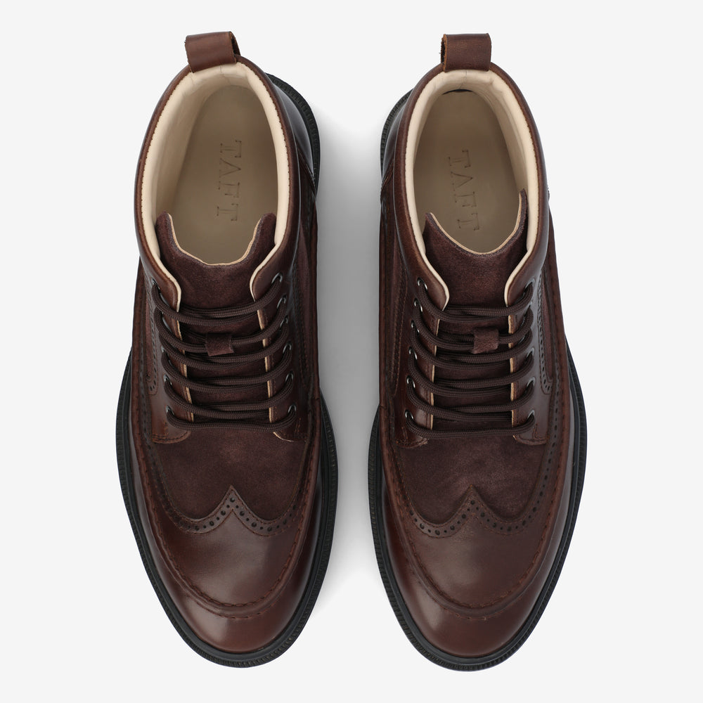 Top view of a pair of dark brown wingtip brogue boots with laces, featuring decorative perforations and stitching.