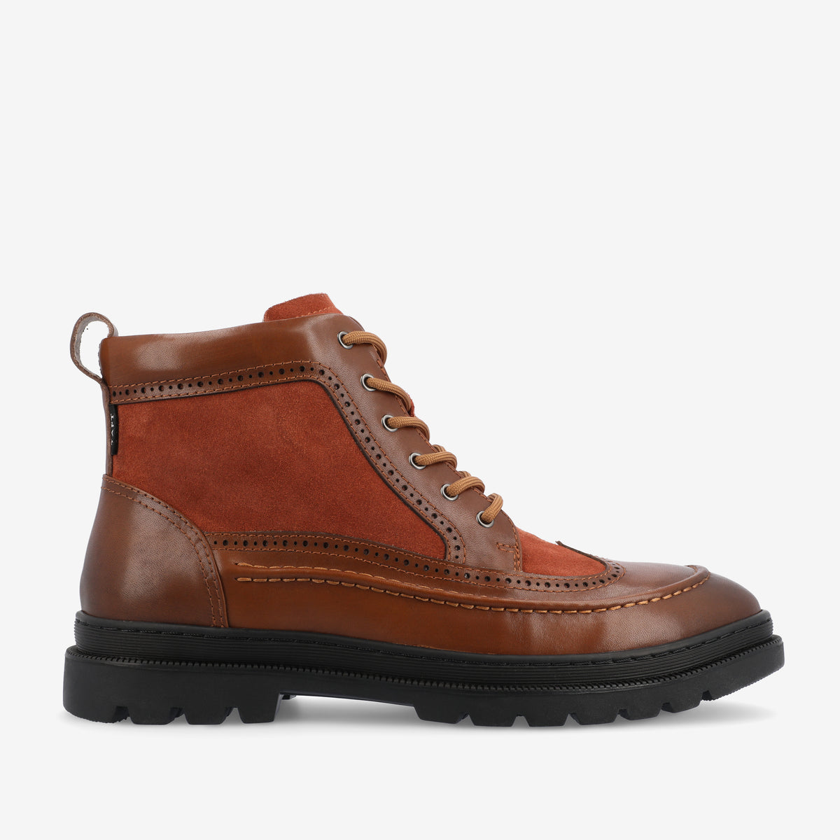 A single brown leather and suede boot with brogue detailing, a side zipper, laces, and a black rubber sole viewed from the side against a white background.