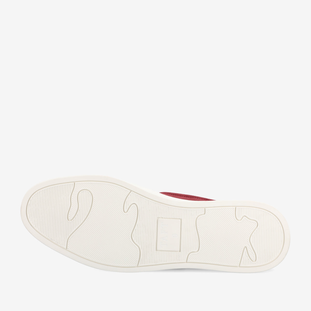 Bottom view of a single white-soled sneaker with a logo and tread pattern. The shoe's upper appears to be red.