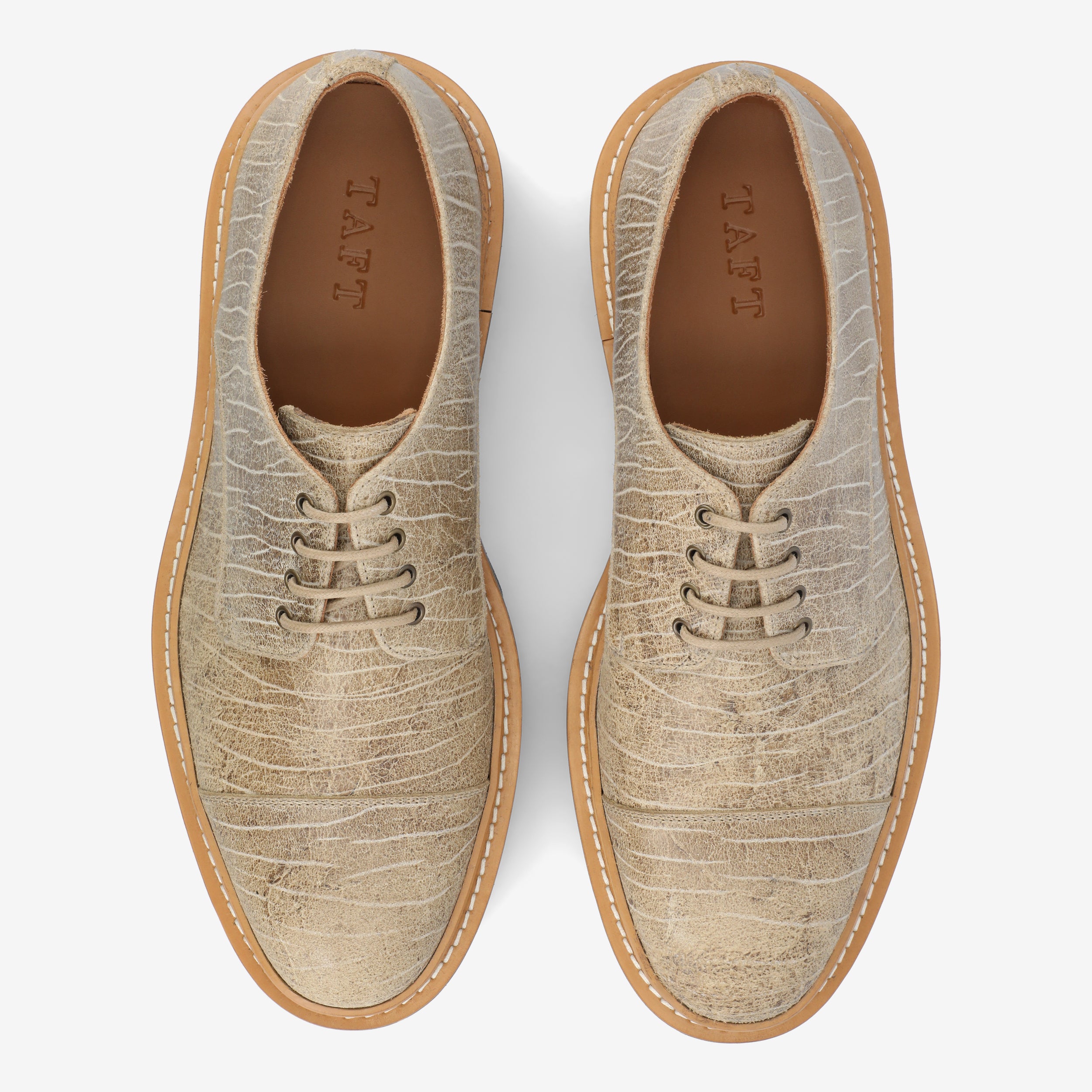 Top view of a pair of light beige textured leather shoes with laces and beige rubber soles, displaying the brand name TAFT inside.