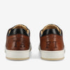 Rear view of a pair of brown leather sneakers with white soles. The left shoe has the letter T and A while the right shoe has F and T stitched at the back.