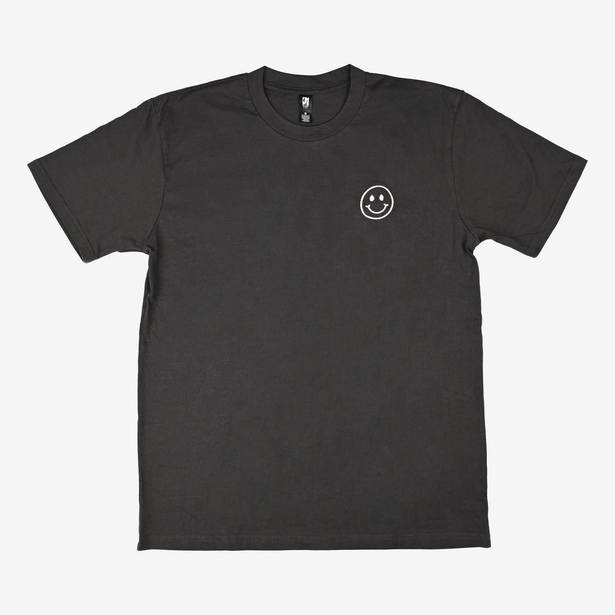 A plain black t-shirt with a small white smiley face graphic on the upper left chest.