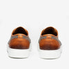 Rear view of a pair of brown leather sneakers with white soles on a plain white background.