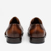 Rear view of a pair of brown leather dress shoes with a classic wingtip design, featuring detailed broguing and dark soles.