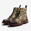 A pair of lace-up boots featuring a floral patterned fabric with a mix of green, gold, and red hues, and brown leather toe caps, heels, and soles.