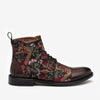 A lace-up ankle boot with a black sole, featuring a mixed design of burgundy leather and floral-patterned fabric in various colors.