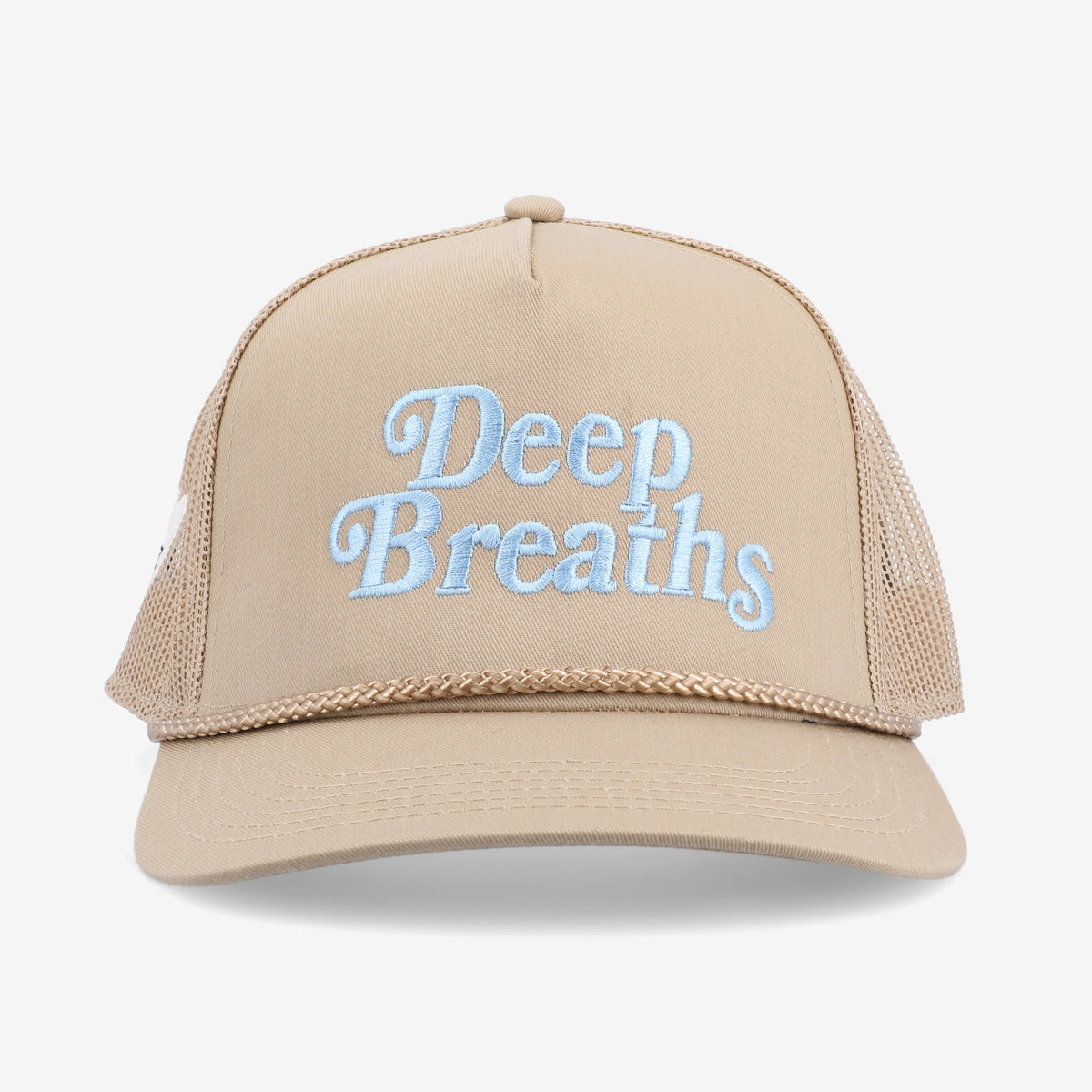 Front view of a beige trucker hat with a mesh back and the words Deep Breaths embroidered in light blue on the front panel.