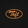 Orange Taft logo with an oval border on a black background.