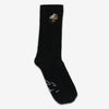 A pair of black socks featuring a small embroidered bee design near the top.