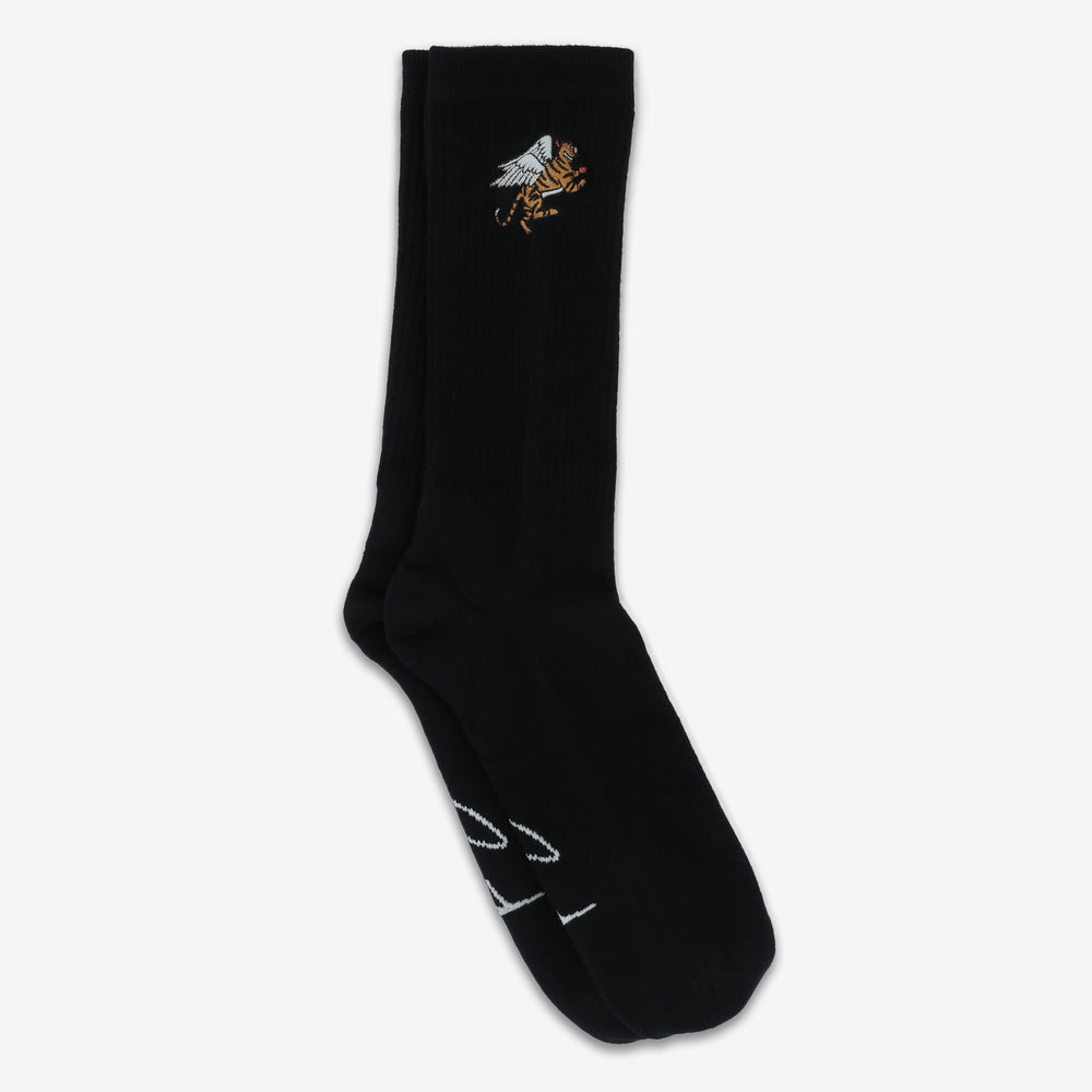 A pair of black socks featuring a small embroidered bee design near the top.