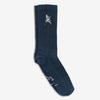 A pair of dark blue socks with an embroidered white bird holding an arrow on the side.