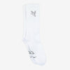 A pair of white socks with a small bird embroidered near the top.