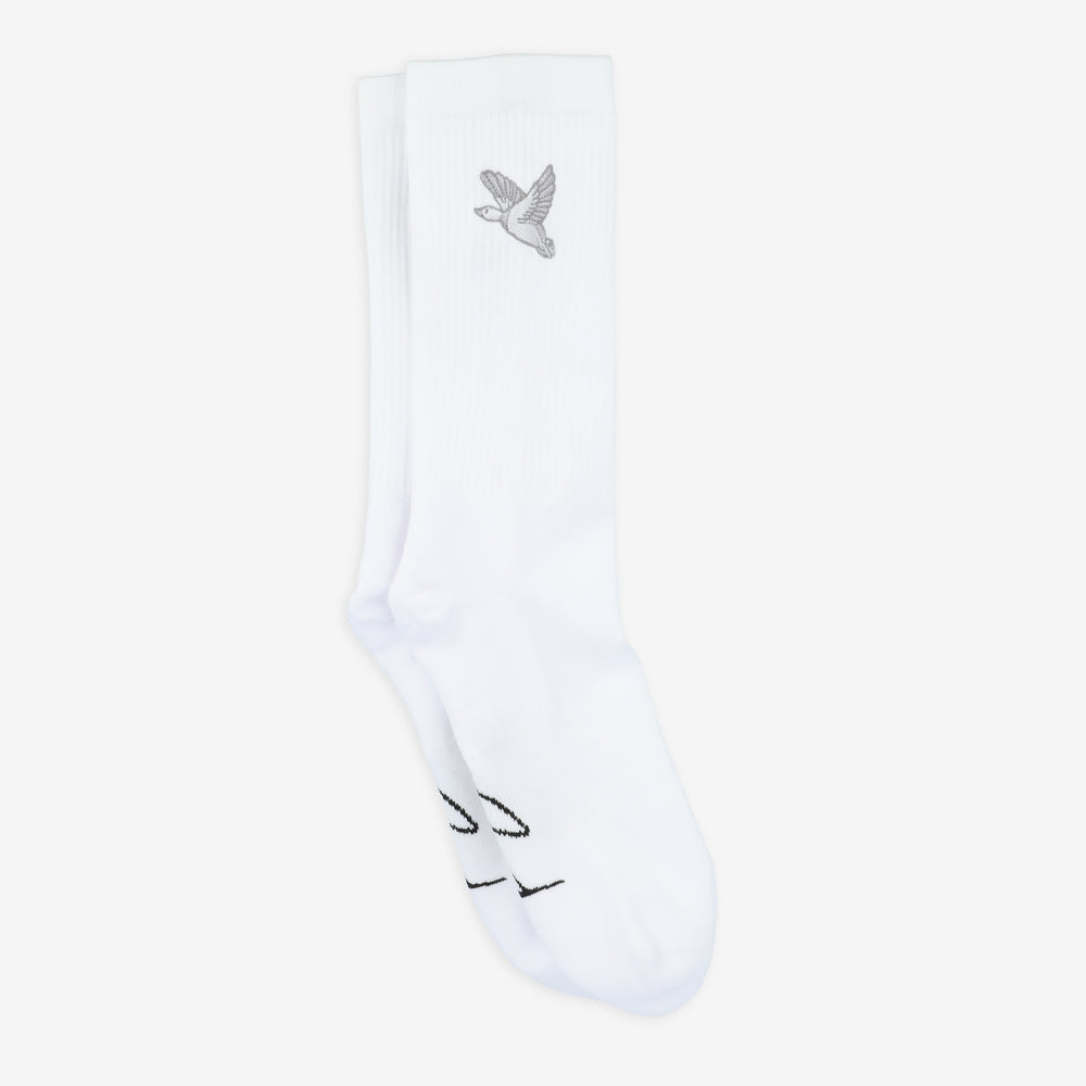 A pair of white socks with a small bird embroidered near the top.