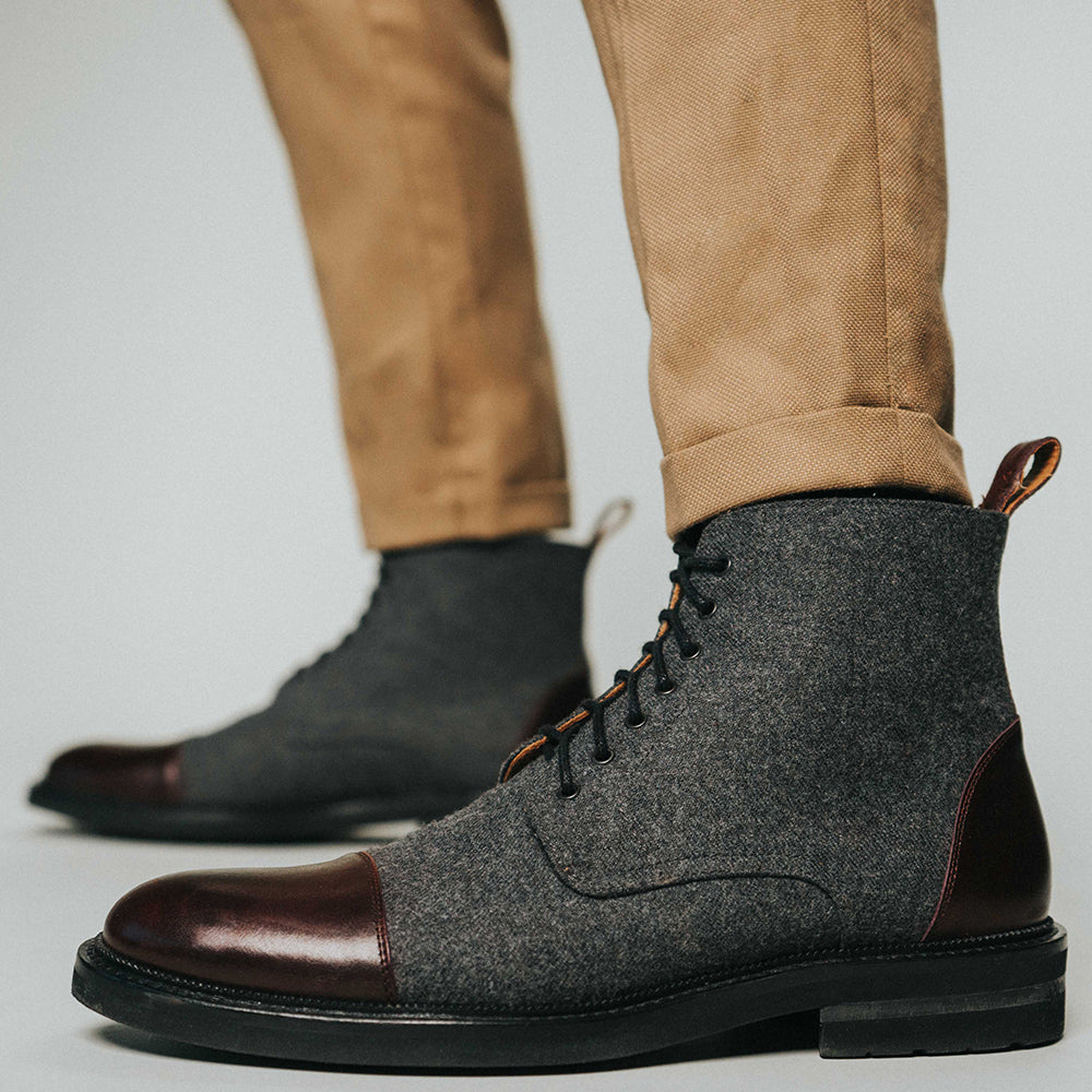 The Jack Boot in Grey/Oxblood on model {{featured-B}}